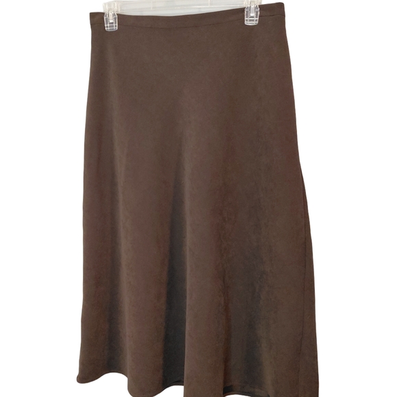 Brown Faux Suede Midi Skirt Back Zip & Elastic Waist A-Line Vintage Size 18 - Picture 2 of 7
